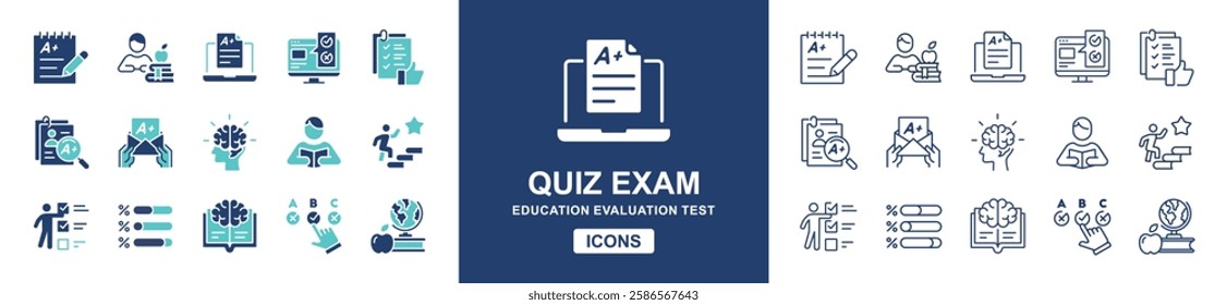 education quiz exam icon set school evaluation test online questionnaire grade result pass score vector set student learning clipboard school performance signs line illustration