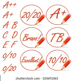 Education rating symbols surrounded by a red pencil. A plus, 20/20, from A to F letters collection. Vector set.