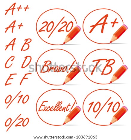 Education rating symbols surrounded by a red pencil. A plus, 20/20, from A to F letters collection. Vector set.