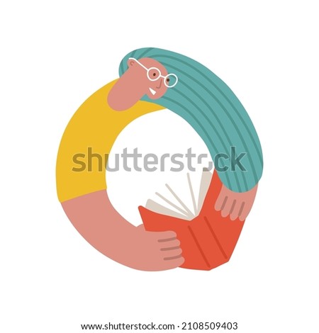Education and reading book character. Abstract girl with book in circle shape. School, study and university design element. Woman in eyeglasses avatar. Flat hand drawn vector illustration.