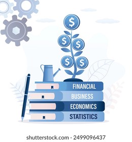 Educación de leer libros para desarrollar habilidades y ganar dinero. conocimiento para lograr el éxito, las ganancias, las ganancias. Montón de libros, árbol gigante de dinero creciendo de libros de texto. Alfabetización financiera. Vector plano