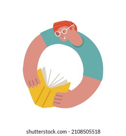 Education and reading book male character. Abstract guy reading a book in circle shape. School, study and university design element. Man in eyeglasses avatar. Flat hand drawn vector illustration.