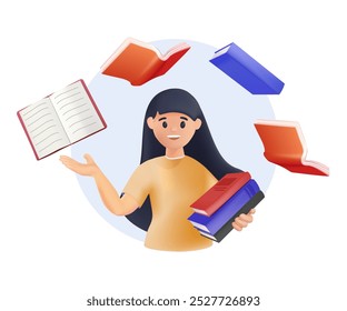 Educação e leitura conceito de livros. De volta à escola. Menina sorridente em pé e olhando para vários livros voando ao redor dela se preparando para o exame 3D estilo ilustração vetor