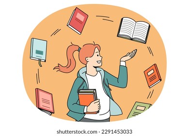 Education and reading books concept. Smiling girl student standing and looking at various books flying around her getting prepared for exam vector illustration