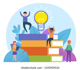 Education, reading books, knowledge concept. Small people pose near big books. Poster for social media, presentation, web page, banner. Flat design vector illustration