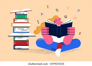 Education, Reading books, learning concept. Young smiling girl cartoon character sitting reading big book learning letters feeling curious vector illustration 