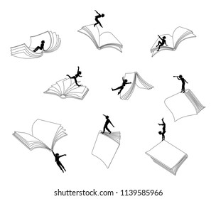 Education, reading concept. Literature, People and books. E-book. Man and book. Silhouette. Vector illustration, clip art, cartoon in black and white.