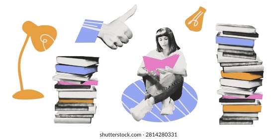 Education and reading concept, student sitting and reading book. Stack of books and table lamp. Modern retro collage style vector illustration, halftone trendy elements with doodles on transparent bg