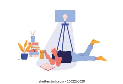 Education or Reading Hobby Concept. Man Lying on Floor Read Books. College or University Student Prepare to Exam, Back to School, Character Gaining Knowledge, Bookworm Cartoon Flat Vector Illustration