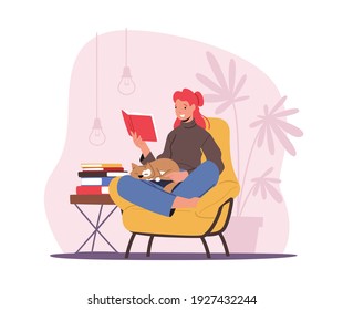 Education, Reading Hobby Concept. Relaxed Woman Character Sitting in Comfortable Armchair with Cat on Kneels Read Book. Student Prepare to Exam, Girl Gaining Knowledge. Cartoon Vector Illustration