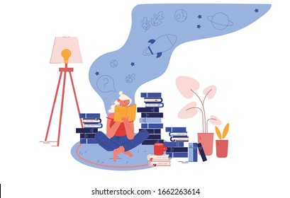 Bildung, Lesen des Hobby-Konzepts. Frauen, die auf dem Boden sitzen mit einem Cup aus Tea Reading Books. Hochschulstudenten Vorbereitung auf eine Prüfung, Bildungs-Cartoon für Vektorillustration