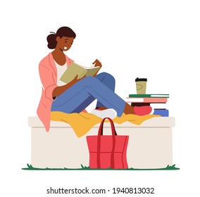 Education, Reading Hobby Concept. Woman Character Sitting on Parapet with Fashioned Bag beneath Read Book. College or University Student Prepare to Exam, Gaining Knowledge. Cartoon Vector Illustration