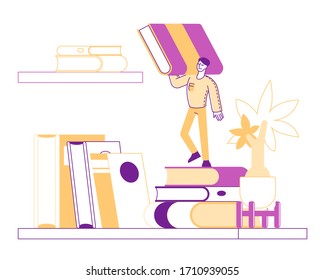 Education, Reading Hobby and Knowledge Concept. Tiny Male Character Holding Huge Book stand on Bookshelf. Young Student Spend Time in Library Prepare for Examination. Linear Vector Illustration