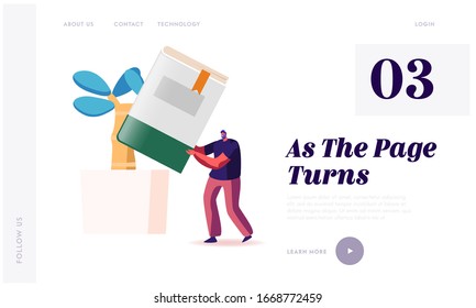 Education, Reading Hobby and Knowledge Landing Page Template. Tiny Male Character Holding Huge Book. Student Spend Time in Library Prepare for Exam in Literature Storage. Cartoon Vector Illustration