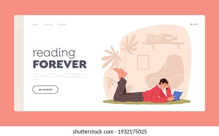 Education or Reading Hobby Landing Page Template. Male Character Lying on Floor Read Book at Home. College or University Student Prepare to Exam, Back to School, Knowledge. Cartoon Vector Illustration