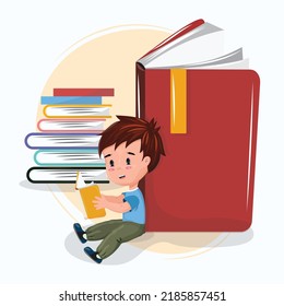 Education, reading, knowledge, study concept illustration with a happy smiling child and huge book in flat cartoon style. 