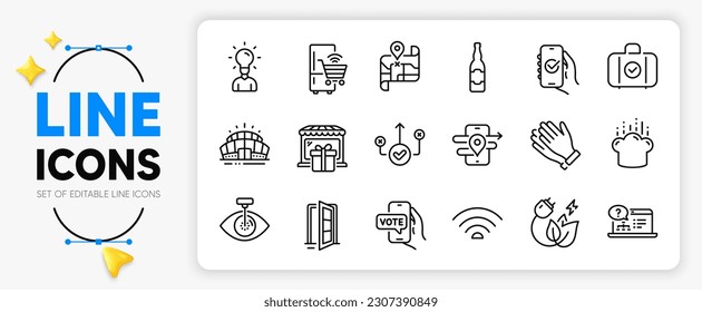 Education, Refrigerator and Approved app line icons set for app include Clapping hands, Map, Wifi outline thin icon. Eye laser, Carry-on baggage, Correct way pictogram icon. Gps. Vector