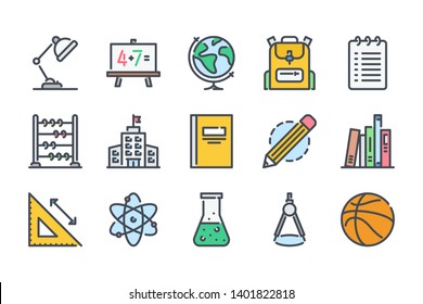 Education related color line icon set. Learning colorful linear icons. School flat color outline vector signs and symbols collection.