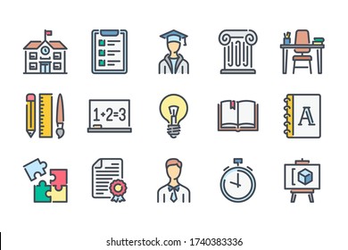 Education related color line icon set. Knowledge colorful linear icons. School and University flat color outline vector sign collection.