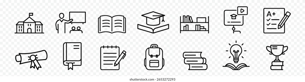 Education related icon set, Education, learning and academic icons including school, teacher, book, graduation cap, diploma, backpack, exam results