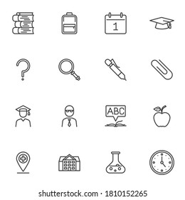 Education related line icons set, outline vector symbol collection, linear style pictogram pack. Signs, logo illustration. Set includes icons as graduate student, school bag, university building, pen