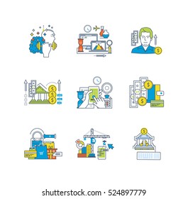 Education and research, application development, finance and savings, design and management, marketing icons set over white background. Flat line icons for infographics design elements.