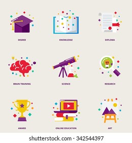 Education and research colorful vector icons set: degree, knowledge, diploma, brain training, science, research, award, online education, art