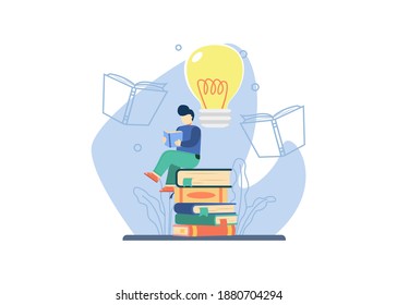 education and research concept.Man read a book to get creative idea with sitting on books stack. distance studying, self education, literary club or book festival concept.