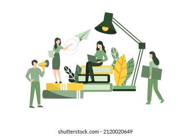 education and research concept, teacher teaching online by laptop, education planning, learning champions by reading the books, integrated learning concept. flat design vector for website banner