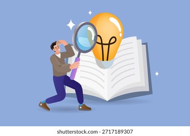 Pesquisa educacional e conceito de ideia criativa. Homem segurando lupa olhando para a lâmpada brilhante sobre o livro aberto. Ilustração vetorial para descoberta, análise de conhecimento e aprendizagem inteligente.