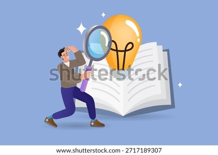 Education research and creative idea concept. Man holding magnifying glass looking at glowing lightbulb over open book. Vector illustration for discovery, knowledge analysis and smart learning.