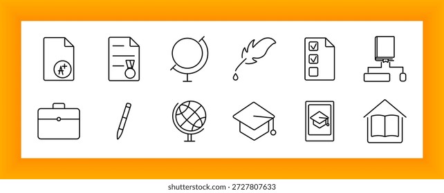 Ícone de conjunto de resultados de formação educacional. Papel de exame, medalha, diploma, lista de verificação, aula on-line, livro aberto, globo, pena, certificado, tampa de graduação, resultado de teste, e-learning