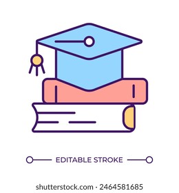 Education RGB color icon. Academic cap and books stack. Learning symbol. Higher education. Academic success. Isolated vector illustration. Simple filled line drawing. Editable stroke