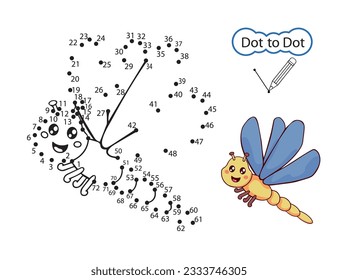 Education riddle dot to dot game. Kids activity worksheet with cartoon dragonfly. Finish drawing image of cute insect. Vector illustration.