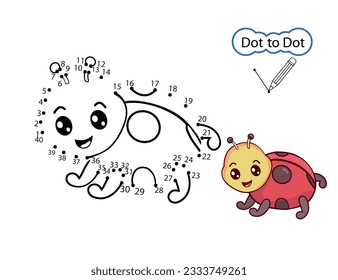 Education riddle dot to dot game. Kids activity learning worksheet with cartoon ladybug. Finish drawing image of cute insect. Vector illustration.