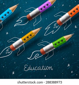 Education. Rocket ship launch with pencils - sketch on the blackboard, vector illustration.
