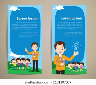 Education Roll up banner stand template.,teacher and student learning, school activities.