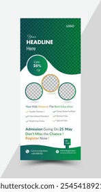 Education rollup banner design template with green and yellow shapes used
