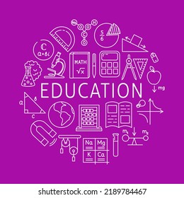 Education round concept poster in line style. Vector illustration.