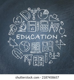Education round poster on blackboard. Chalkboard banner with school and learning symbols. Vector illustration.