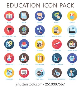 Educación redondeada multi conjunto de iconos de color. contiene libro, globo, calculadora, pluma, Regla, ordenador portátil y más. uso para el concepto moderno, Web y desarrollo de App. Vector EPS 10