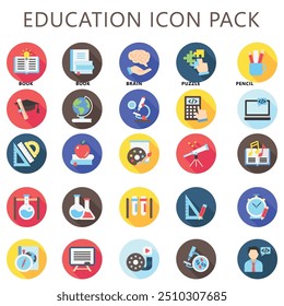 Educación redondeada multi conjunto de iconos de color. contiene libro, globo, calculadora, pluma, Regla, ordenador portátil y más. uso para el concepto moderno, Web y desarrollo de App. Vector EPS 10