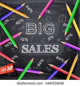 Education sale background with sketch inscription hand drawn elements and colorful pencils on black chalkboard vector illustration