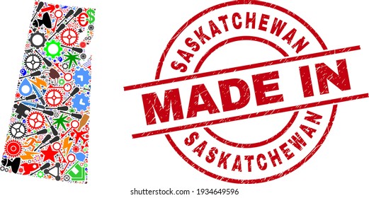 Education Saskatchewan Province map mosaic and MADE IN distress seal. Saskatchewan Province map abstraction designed with wrenches, gearwheels, tools, elements, transports, power sparks, helmets.