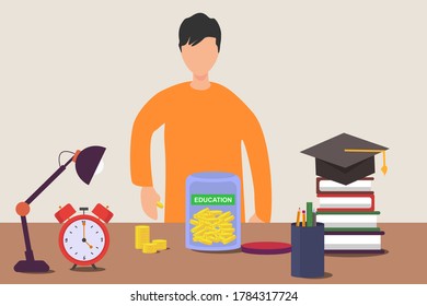 Education saving plan vector concept: Young man saving coins to a jar for paying school fee