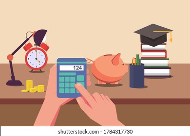 Education Saving Plan Vector Concept: Unidentified Hands Using Calculator For Education Management Calculations