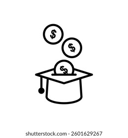 education savings icon, graduation hat with coins, simple flat style, illustration, logo sign symbol pictogram template, for ui or ux isolated on white for mobile app, editable