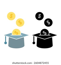 education savings icon, graduation hat with coins, simple flat style, illustration, logo sign symbol pictogram template, for ui or ux isolated on white for mobile app, editable