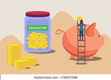 Education savings plan vector concept: Back view of a woman inserting big coin from the Education jar to the huge piggy bank