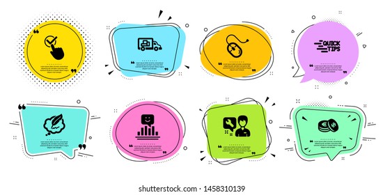 Education, Savings and Smile line icons set. Chat bubbles with quotes. Computer mouse, Truck transport and Repairman signs. Checkbox, Copyright chat symbols. Quick tips, Cash coins. Vector